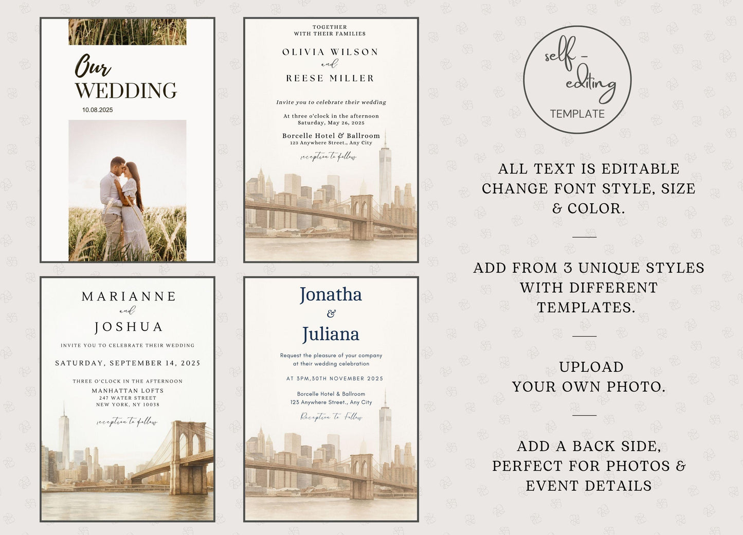 Best Personalized Wedding Invitation Template editable on Canva with customizable text font size and color by ProCardist