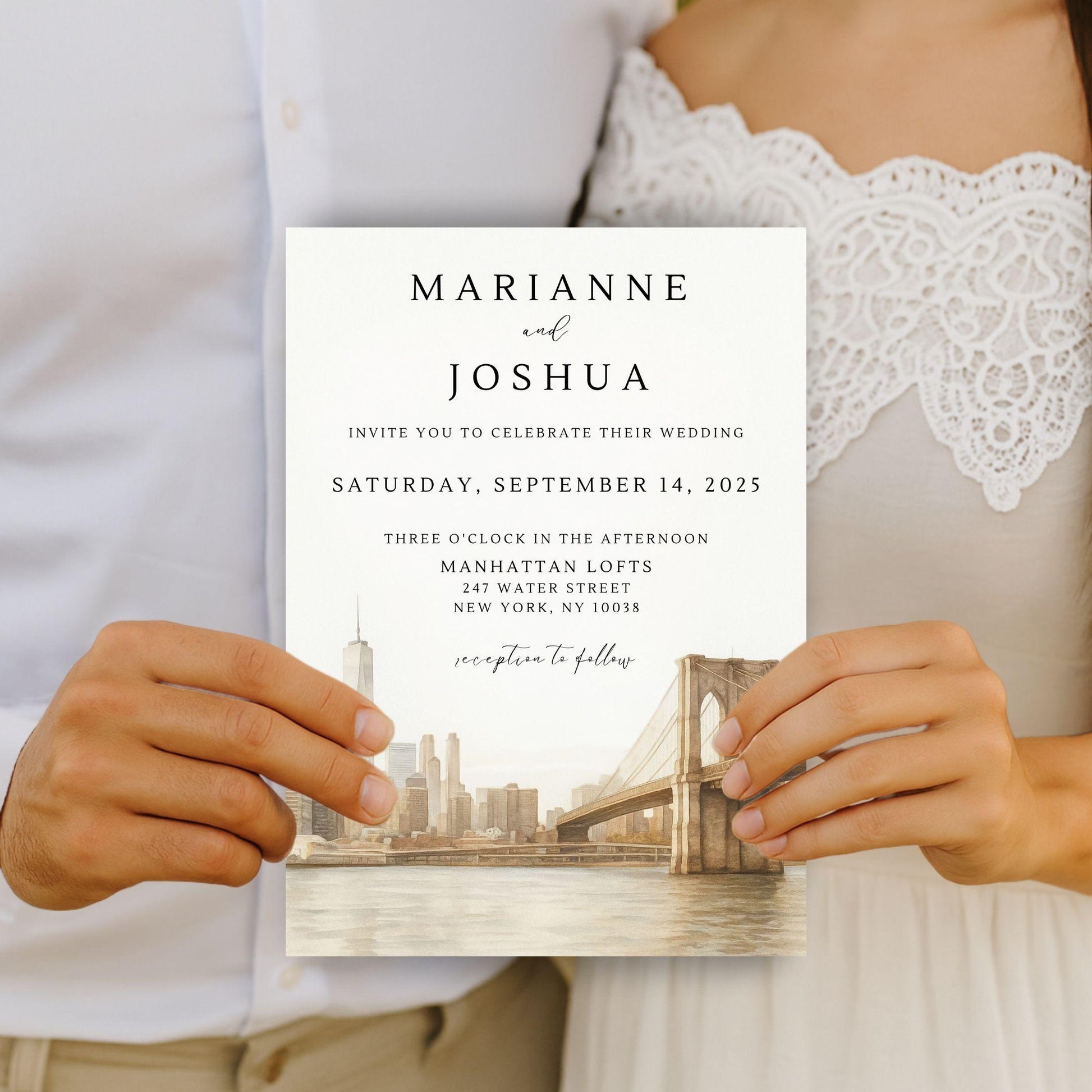 Couple holding elegant editable wedding invitation with cityscape design best personalized wedding invitation template