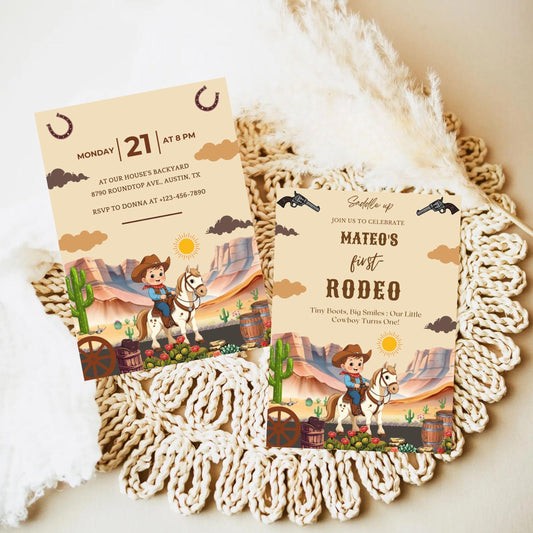 Country Western Party Invitation USA for Mateo's First Birthday with Cowboy Theme and Rodeo Design