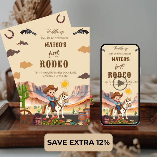 Country Western Party Invitation USA, Cowboy First Birthday Canva Template featuring Mateo's first rodeo theme