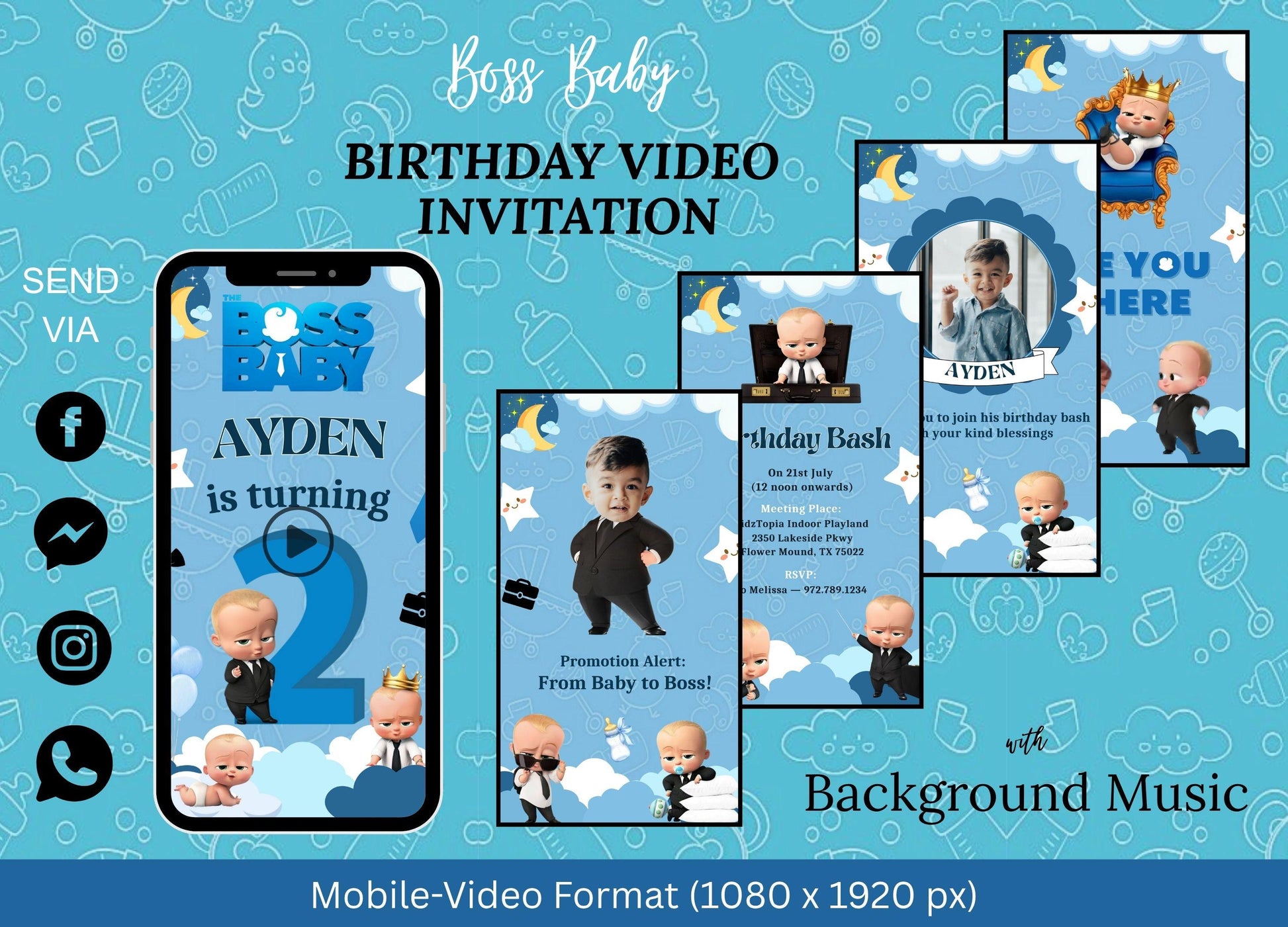 Customizable Boss Baby invitation template showing blue birthday video invitations with kids and animated baby characters