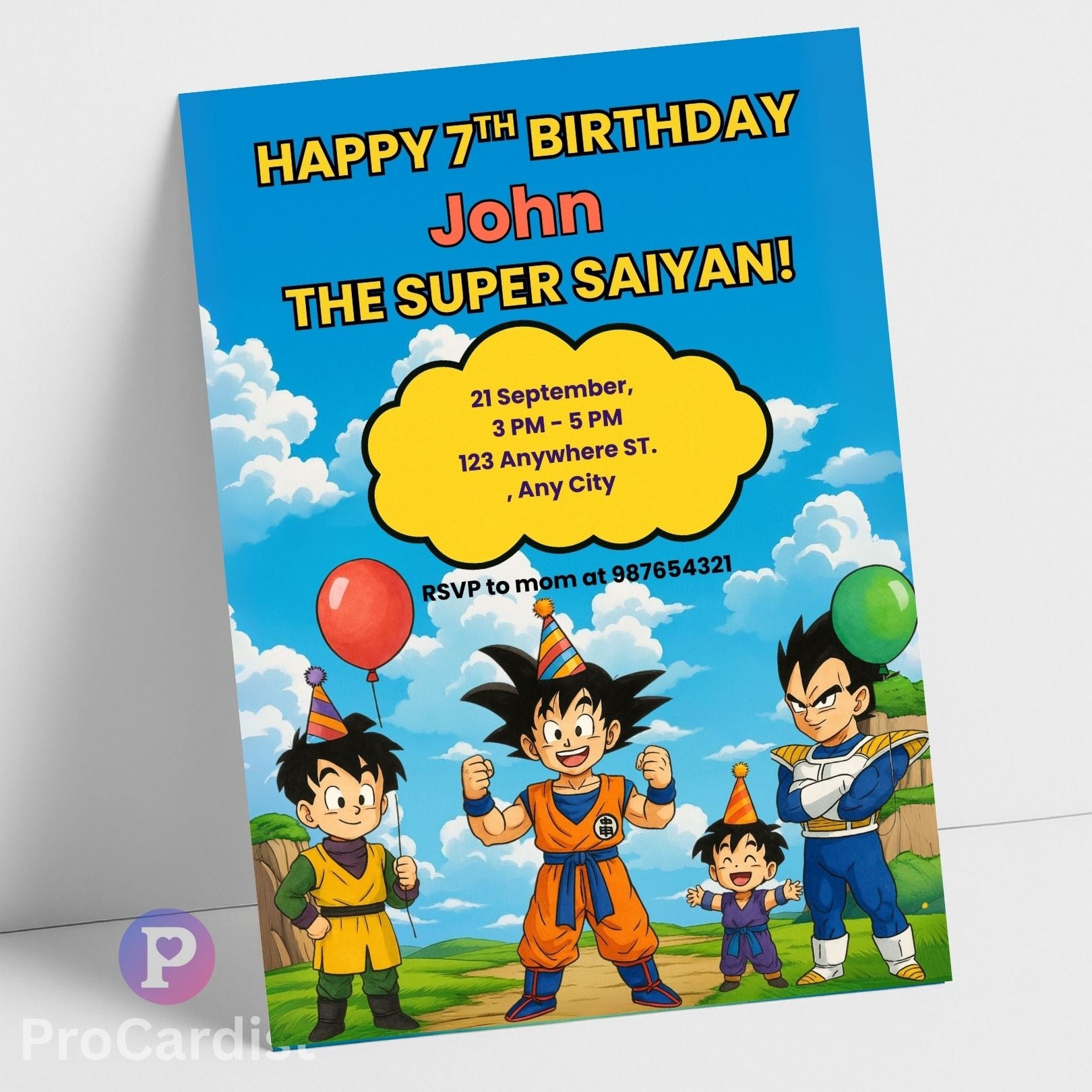 Dragon Ball Z birthday invitation featuring Goku, Vegeta, and Goten with colorful balloons and party details