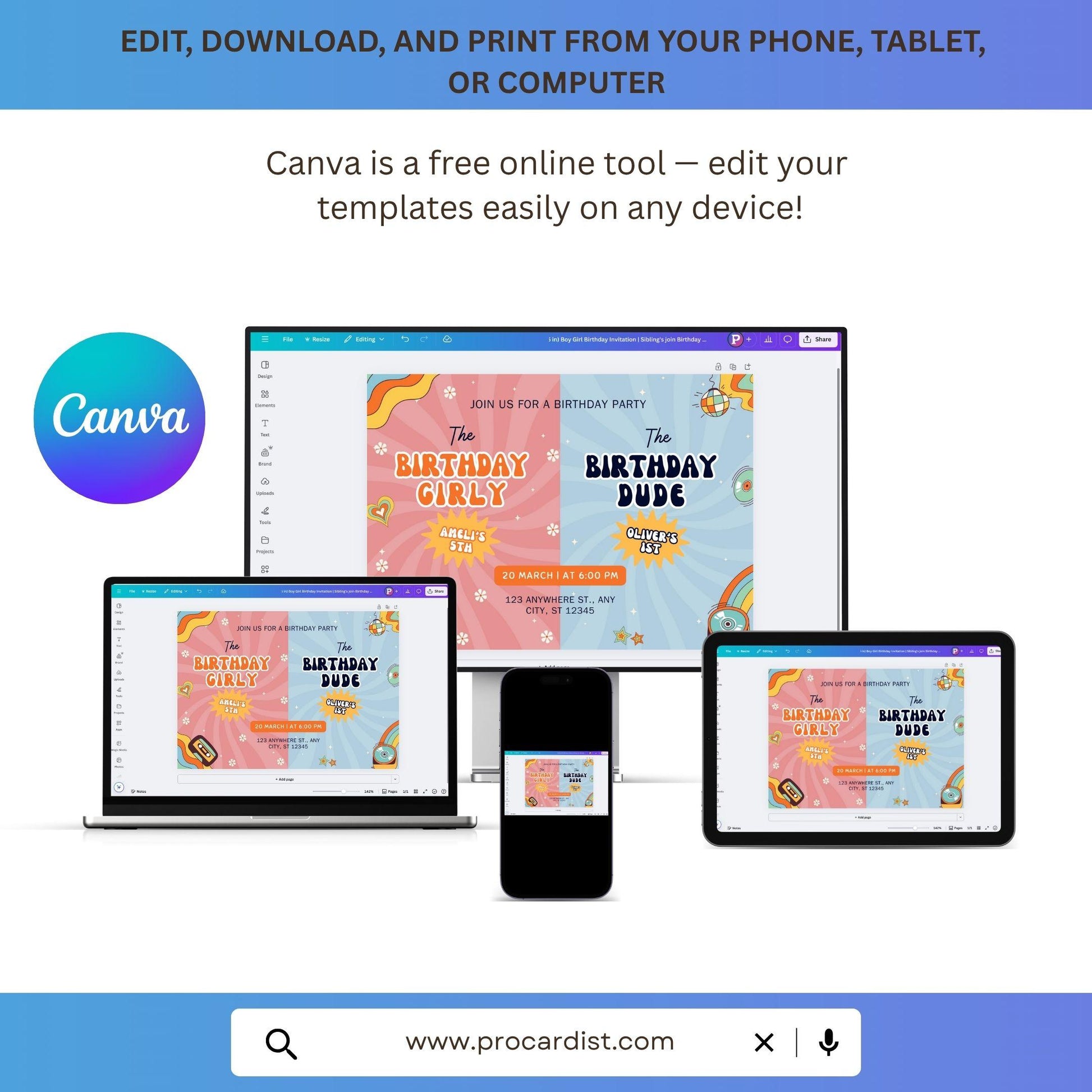 Editable joint birthday invitation template for twins displayed on phone tablet and computer by ProCardist