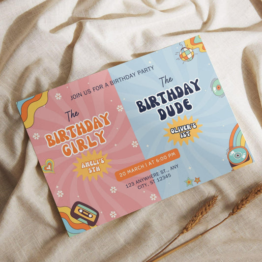 Editable joint birthday invitation template for twins featuring birthday girl and birthday dude designs