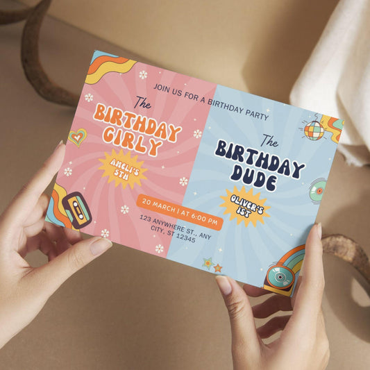 Editable joint birthday invitation template for twins with colorful pink and blue design by ProCardist