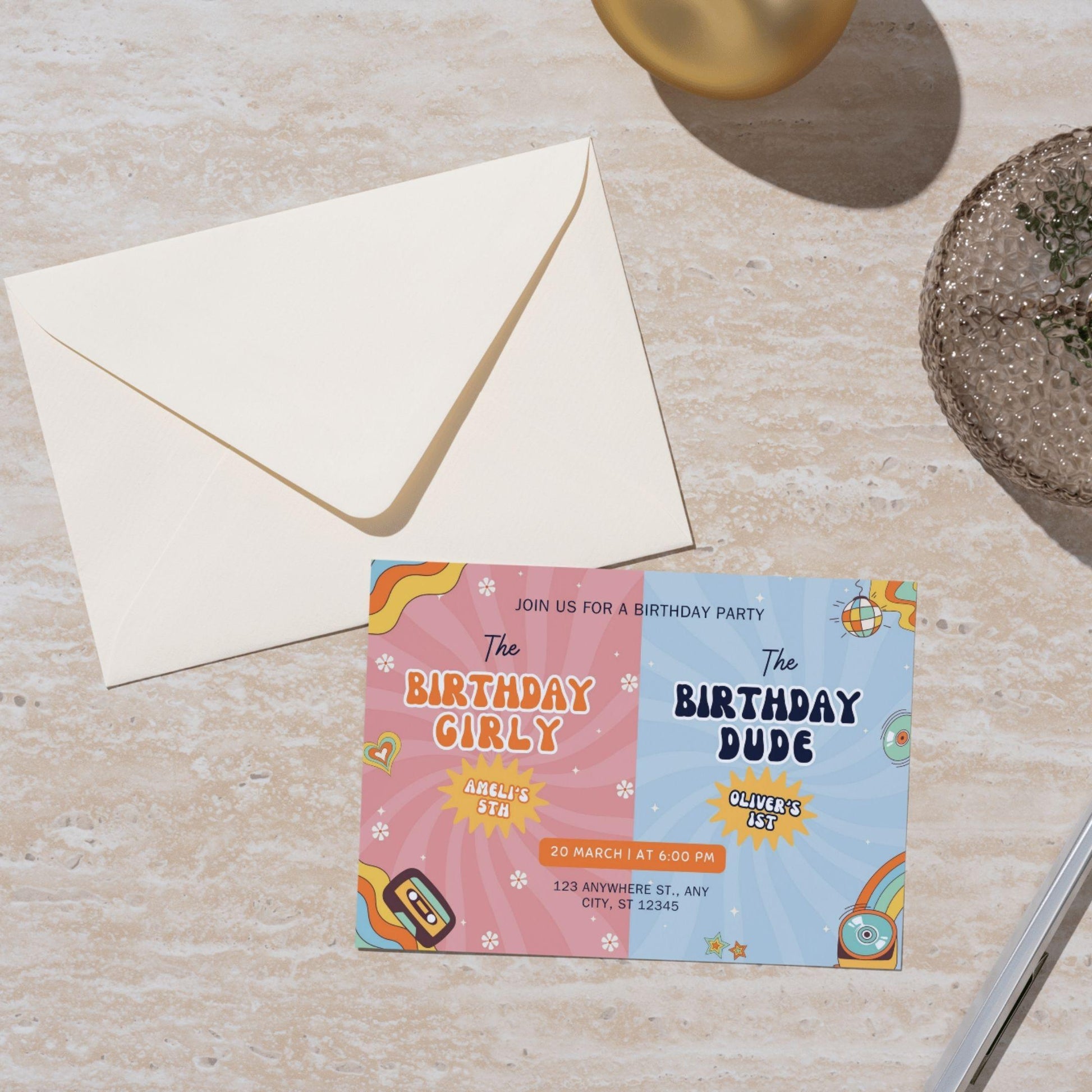 Editable joint birthday invitation template for twins with colorful birthday girl and birthday dude design