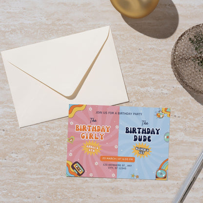 Editable joint birthday invitation template for twins with colorful birthday girl and birthday dude design