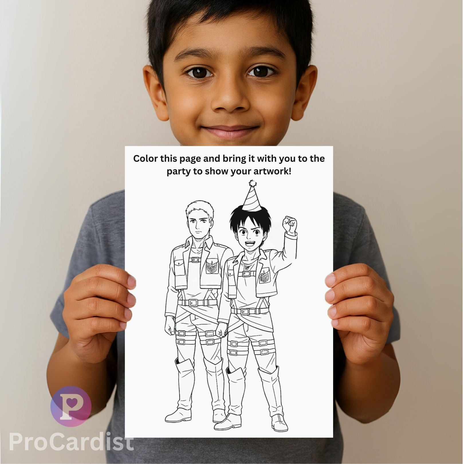 Boy holding Attack on Titan birthday invitation to color and bring to the party