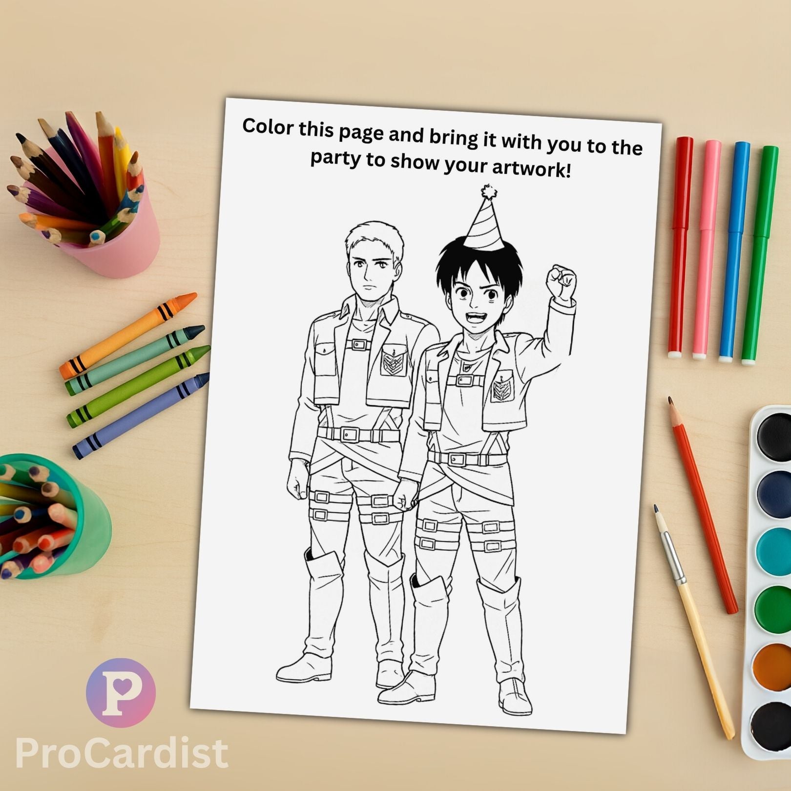 Attack on Titan birthday invitation coloring page featuring characters ready to celebrate