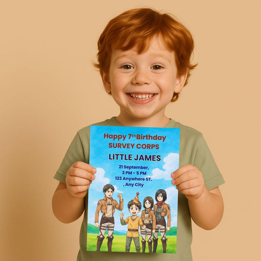 Attack on Titan birthday invitation showing Survey Corps characters on colorful kids party card held by smiling child