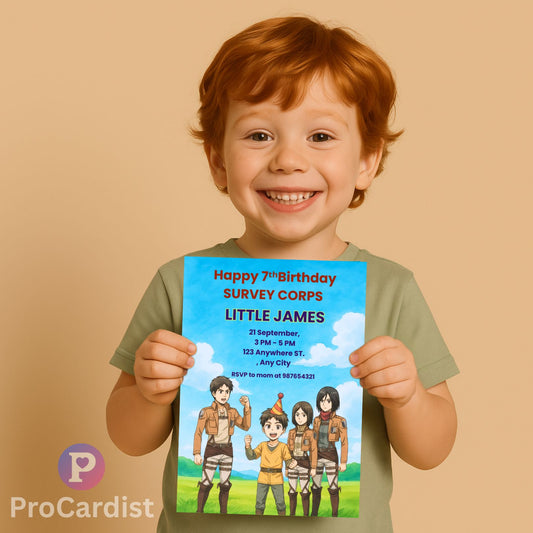 Happy 7th Birthday Attack on Titan birthday invitation featuring kids in Survey Corps uniforms