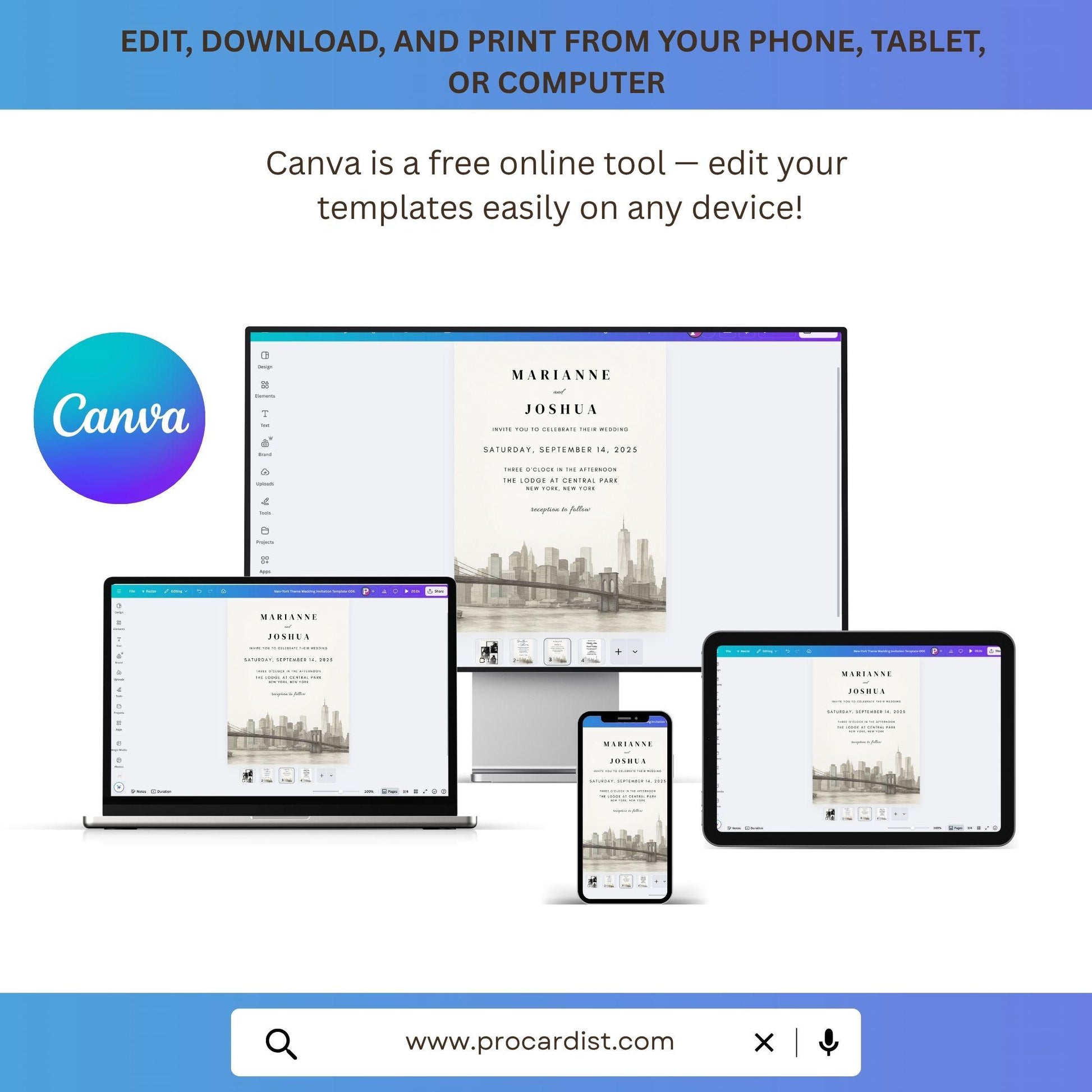 Best hand-illustrated wedding invitation template editable on Canva displayed on laptop tablet and phone
