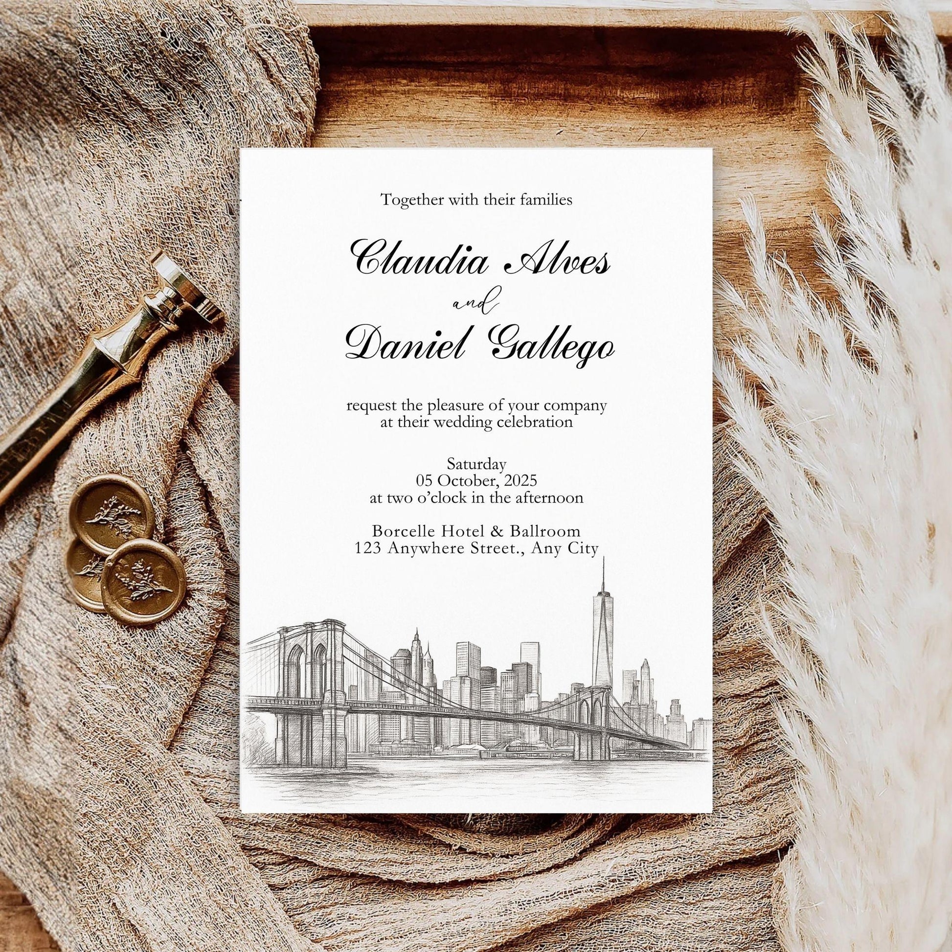 Editable wedding invitation featuring best hand-illustrated wedding invitation template with city skyline and bridge design