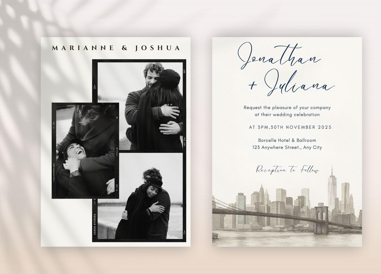 Editable wedding invitation with black and white photo collage and city skyline, best hand-illustrated wedding invitation template