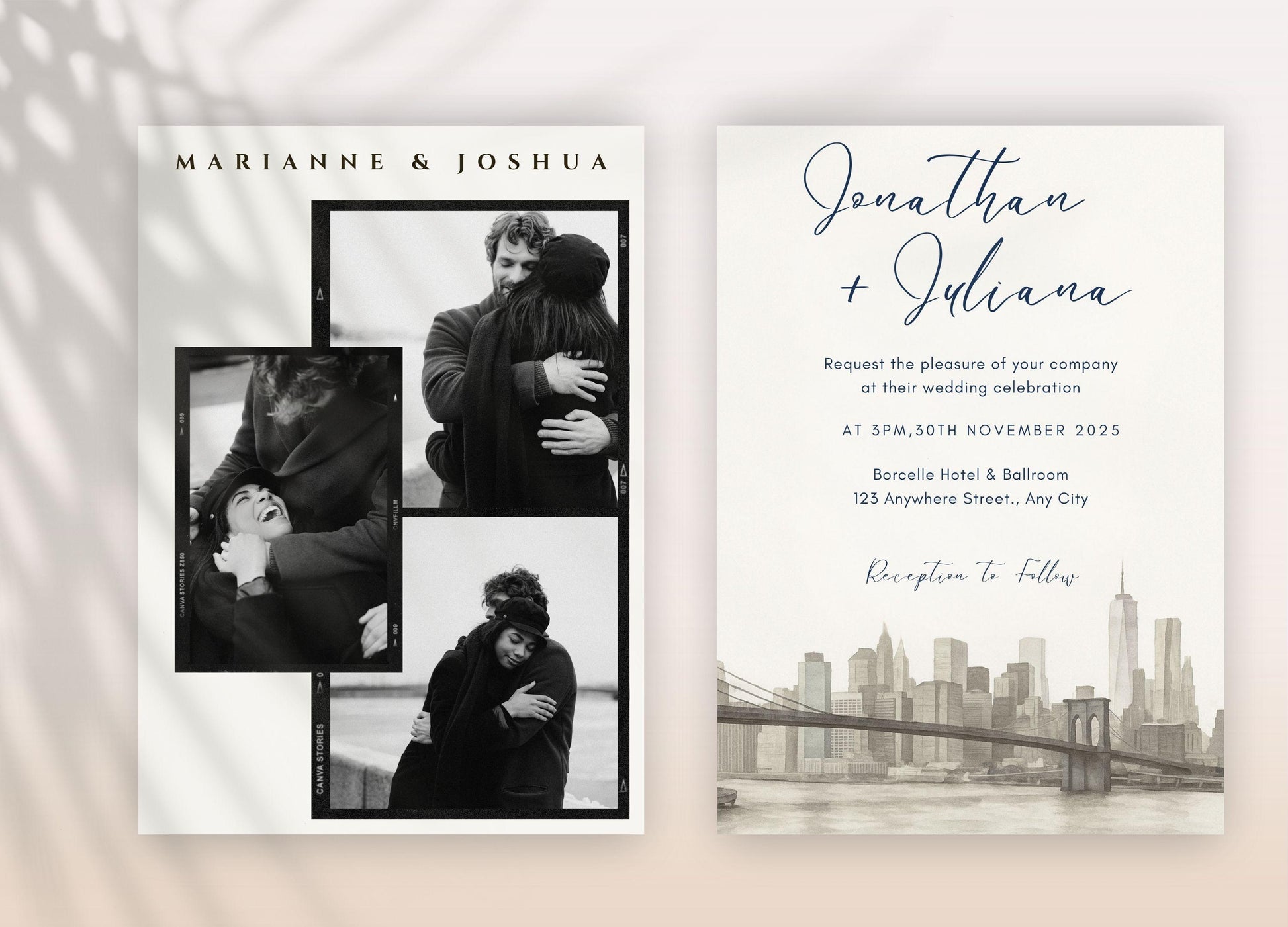 Editable wedding invitation with black and white photo collage and city skyline, best hand-illustrated wedding invitation template