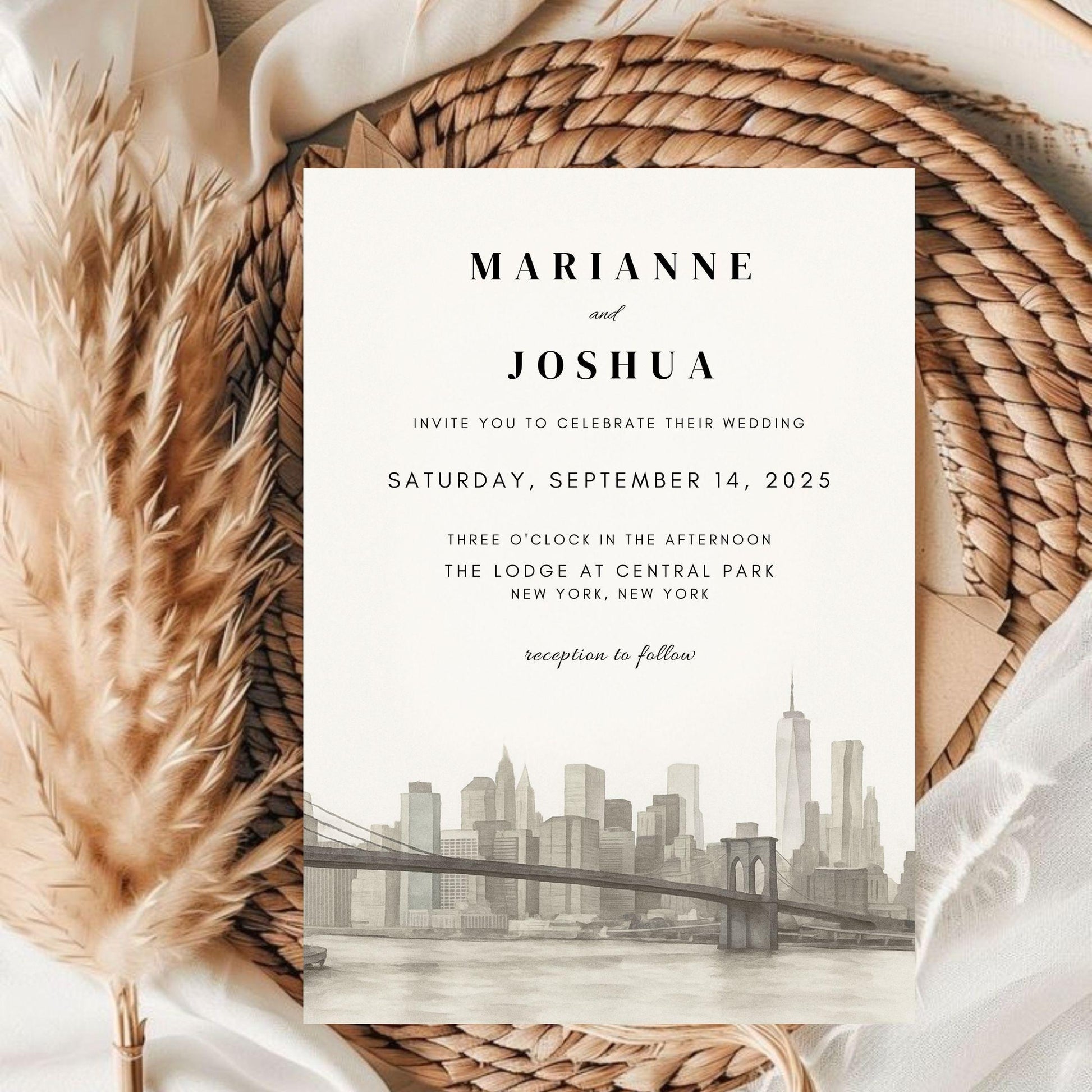 Best hand-illustrated wedding invitation template by ProCardist featuring elegant city skyline design