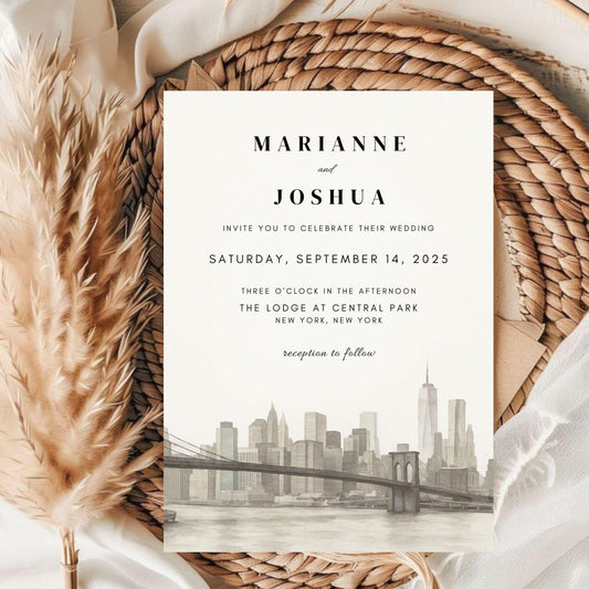 Best hand-illustrated wedding invitation template by ProCardist featuring elegant city skyline design