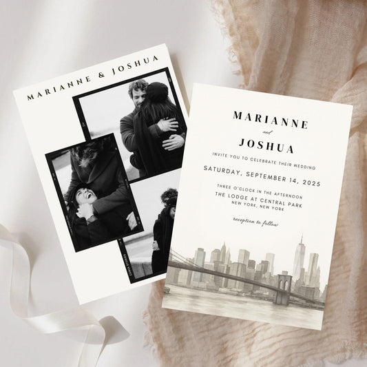 Best hand-illustrated wedding invitation template by ProCardist with modern black and white photos and city skyline design