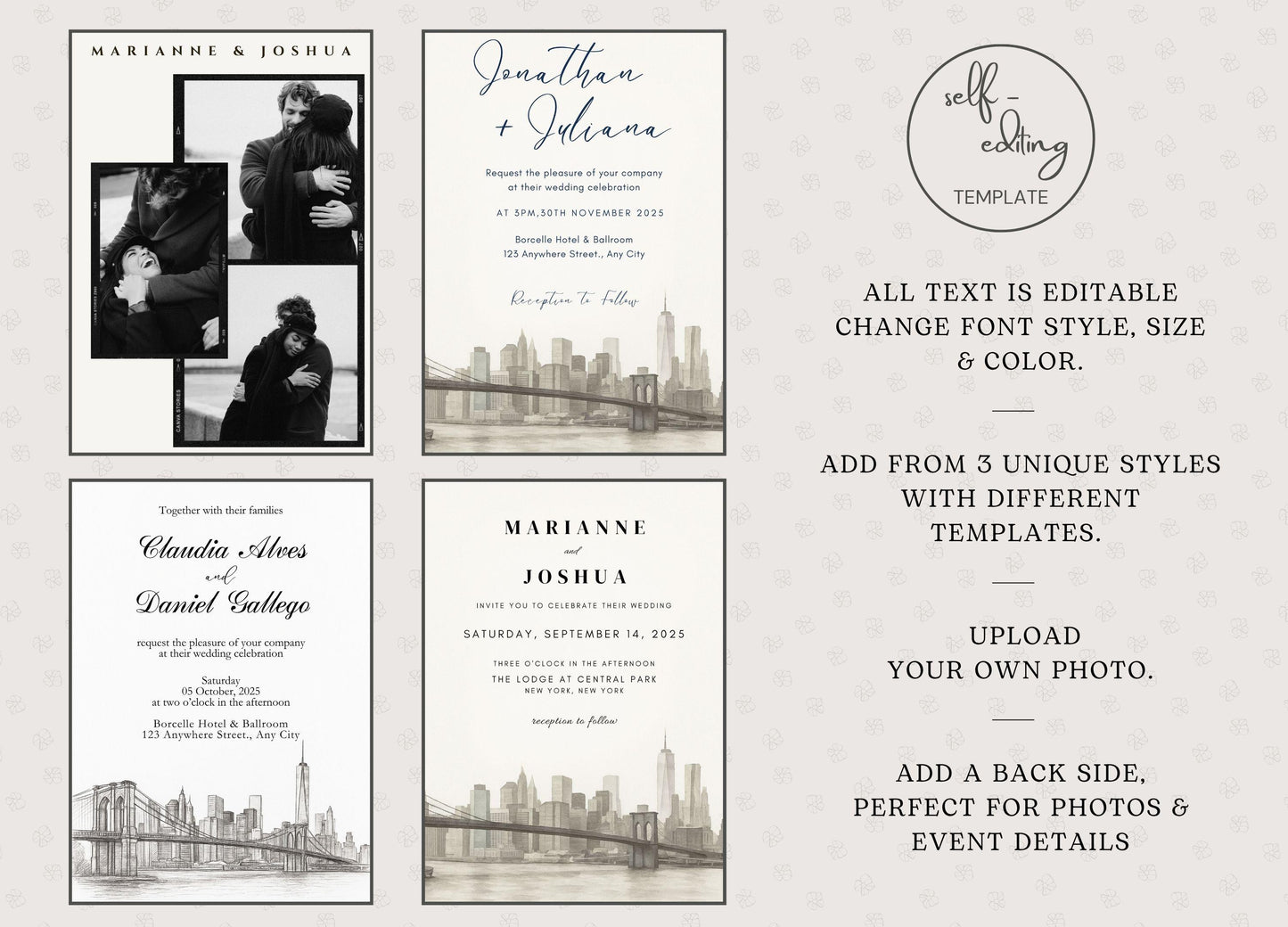 Best hand-illustrated wedding invitation template with editable text, customizable fonts, and photo upload option