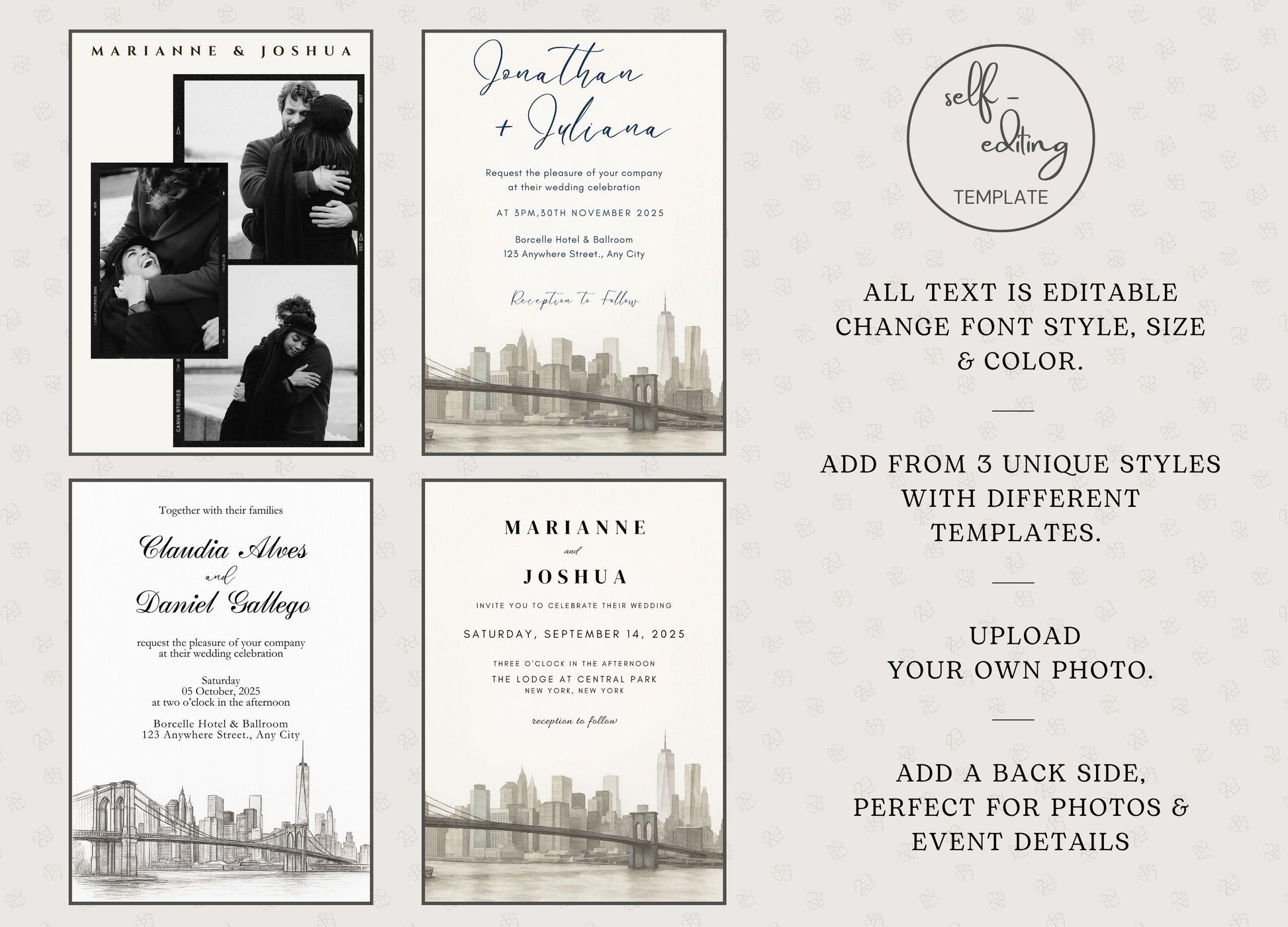 Best hand-illustrated wedding invitation template with editable text, customizable fonts, and photo upload option