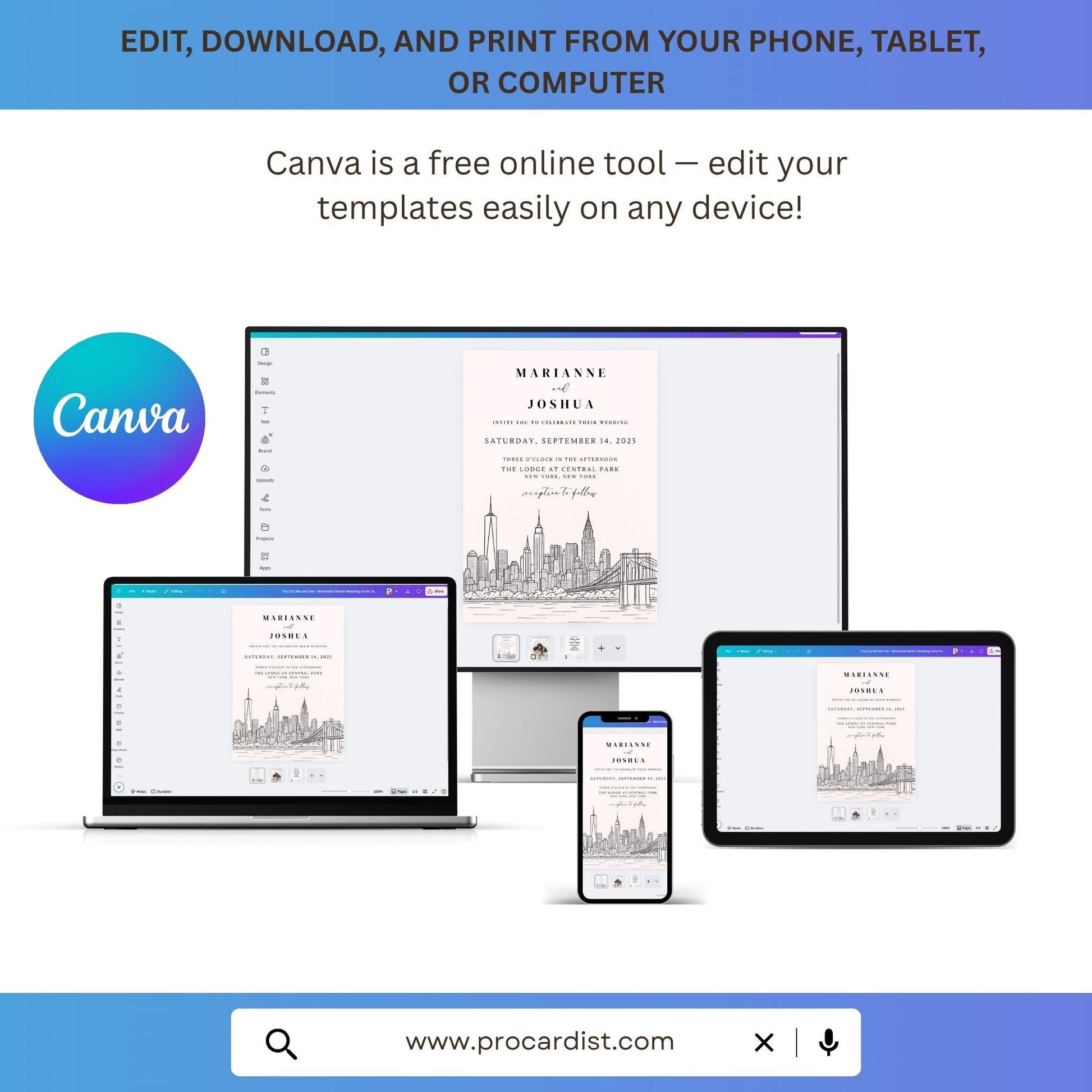 Best Urban Style Editable Wedding Invitation Template displayed on phone tablet laptop and desktop by ProCardist on Canva