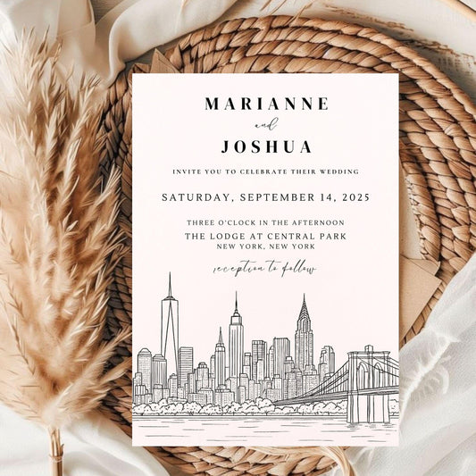Best Urban Style Editable Wedding Invitation Template with New York City skyline illustration