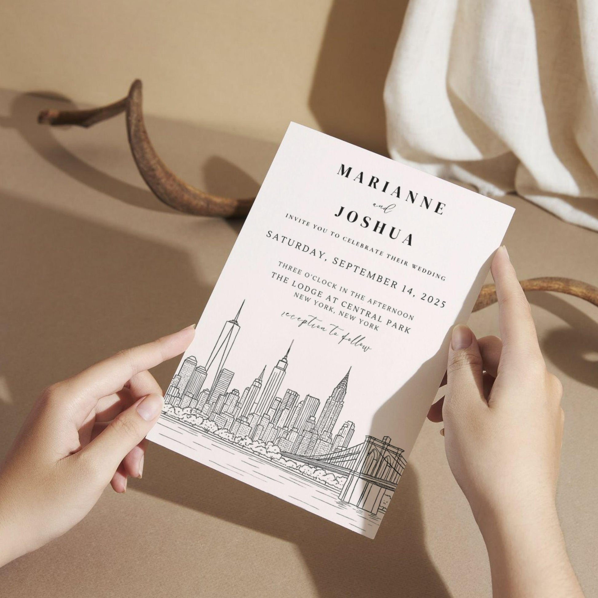 Best Urban Style Editable Wedding Invitation Template featuring New York City skyline for Marianne and Joshua's wedding