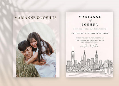 Best Urban Style Editable Wedding Invitation Template by ProCardist featuring modern city skyline and customizable bride and groom photo