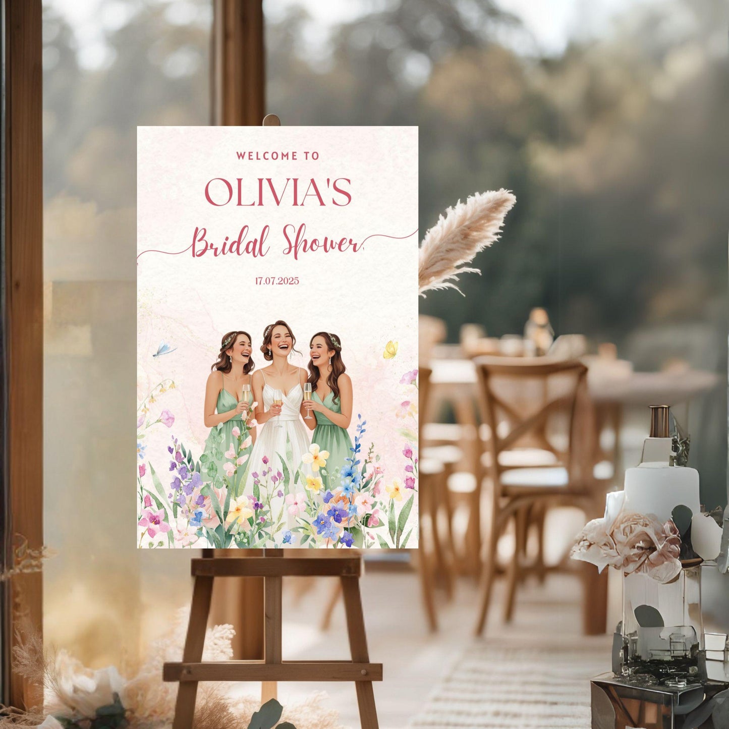Printable Welcome Sign featuring a Canva bridal shower template with floral design and bridal party illustration