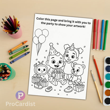 Cocomelon birthday invitation template with characters celebrating and coloring supplies for craft activities