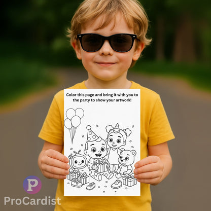 Child holding a coloring page featuring a Cocomelon birthday invitation template for a fun party activity
