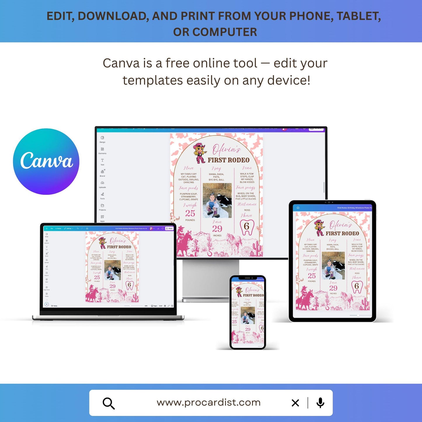 Custom birthday photo sign baby milestone poster editable online on phone tablet and computer by ProCardist