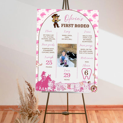 Custom birthday photo sign baby milestone poster with pink rodeo theme and personal details