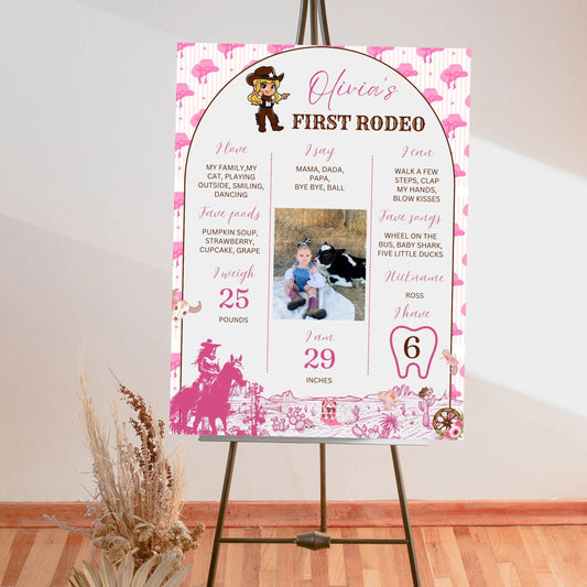 Custom birthday photo sign baby milestone poster with pink rodeo theme and personal details