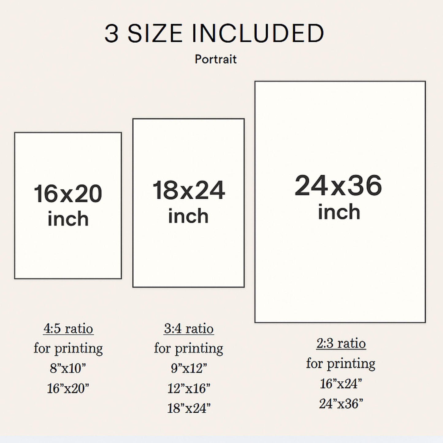 Size chart for ProCardist baby milestone poster custom birthday photo sign showing three portrait sizes 16x20 18x24 and 24x36 inches