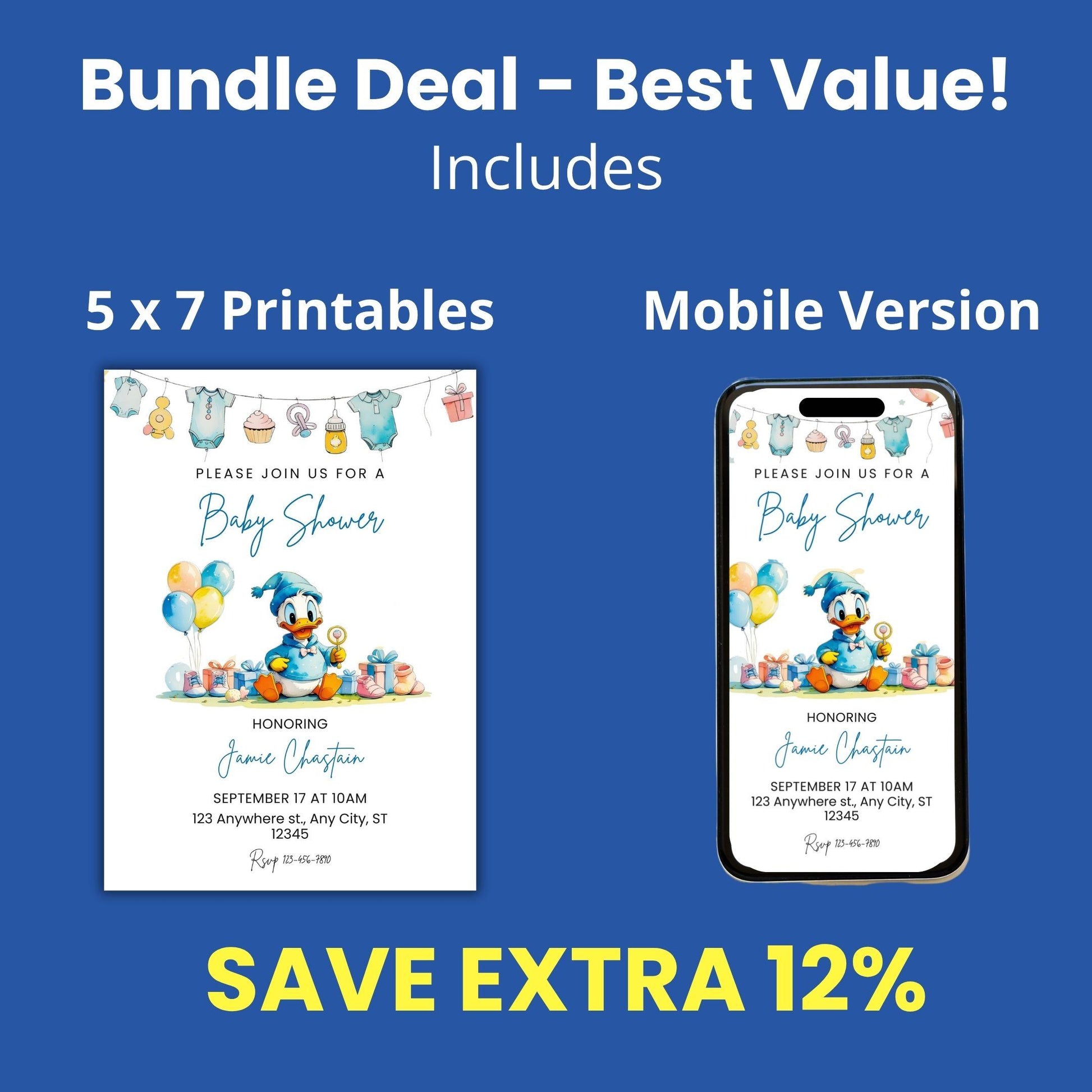 Donald Duck baby shower invitation digital bundle with printable and mobile versions by ProCardist