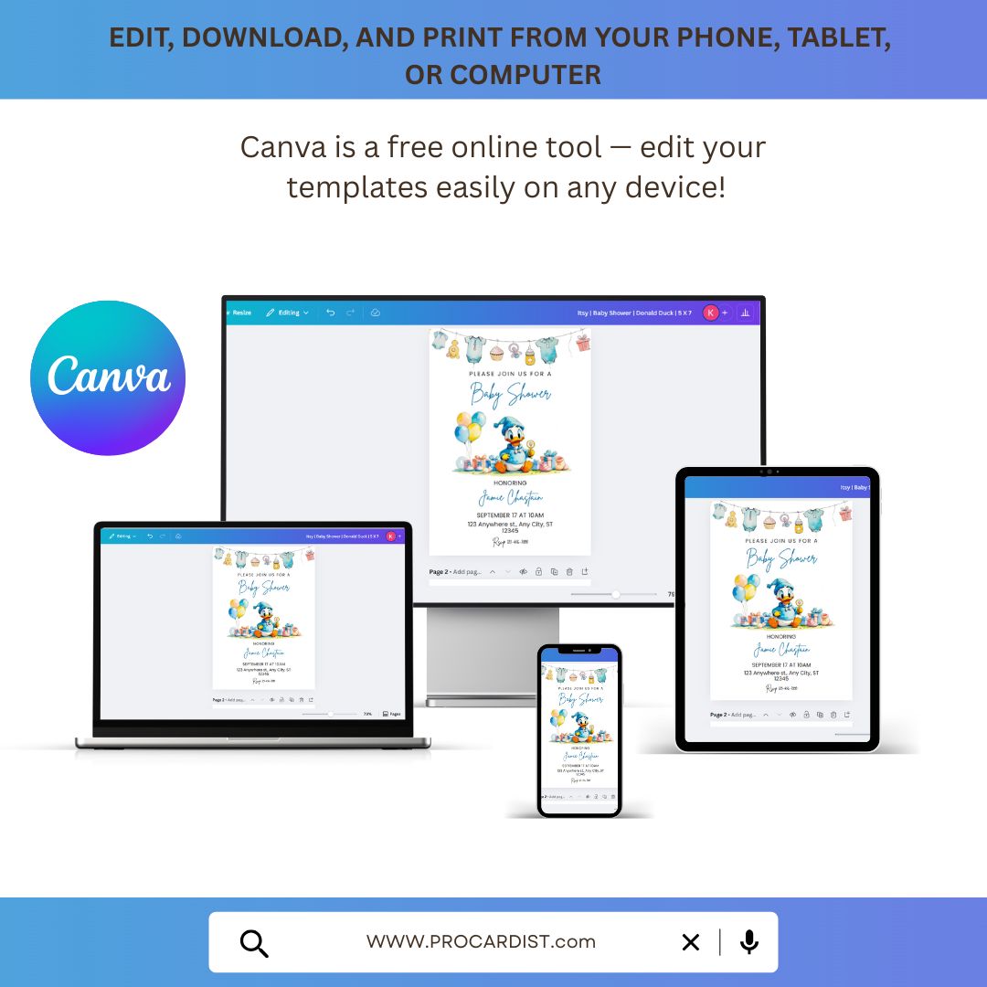 Donald Duck baby shower invitation editable on phone tablet laptop and desktop by ProCardist
