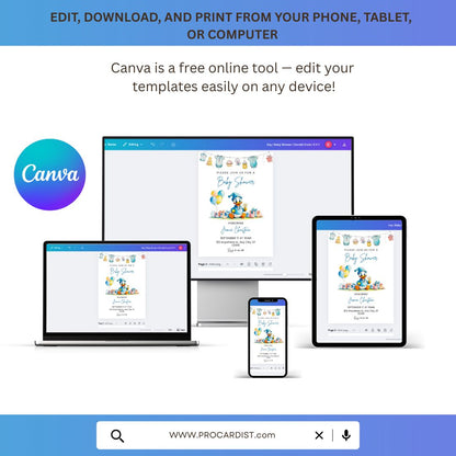 Donald Duck baby shower invitation editable on phone tablet laptop and desktop by ProCardist