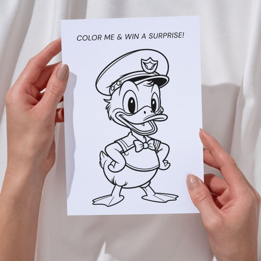 ProCardist Donald Duck baby shower invitation coloring page with text Color Me and Win a Surprise