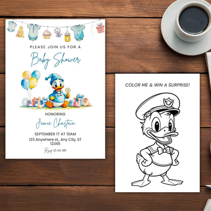Donald Duck baby shower invitation digital card by ProCardist with colorful and coloring page designs