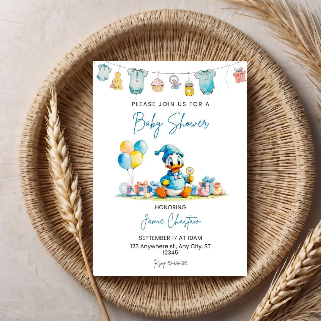 Donald Duck baby shower invitation with balloons and baby items digital card by ProCardist