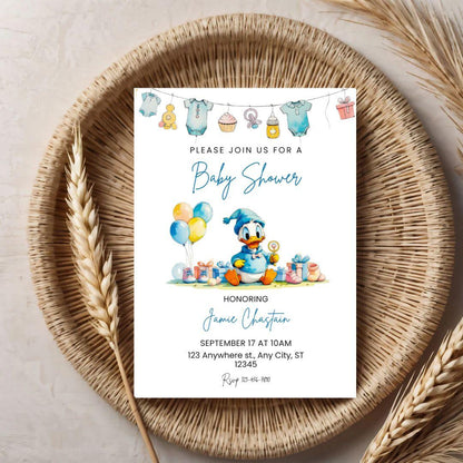 Donald Duck baby shower invitation with balloons and baby items digital card by ProCardist