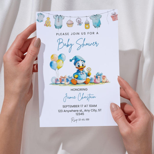 Donald Duck baby shower invitation with baby Donald holding a rattle and pastel balloons by ProCardist