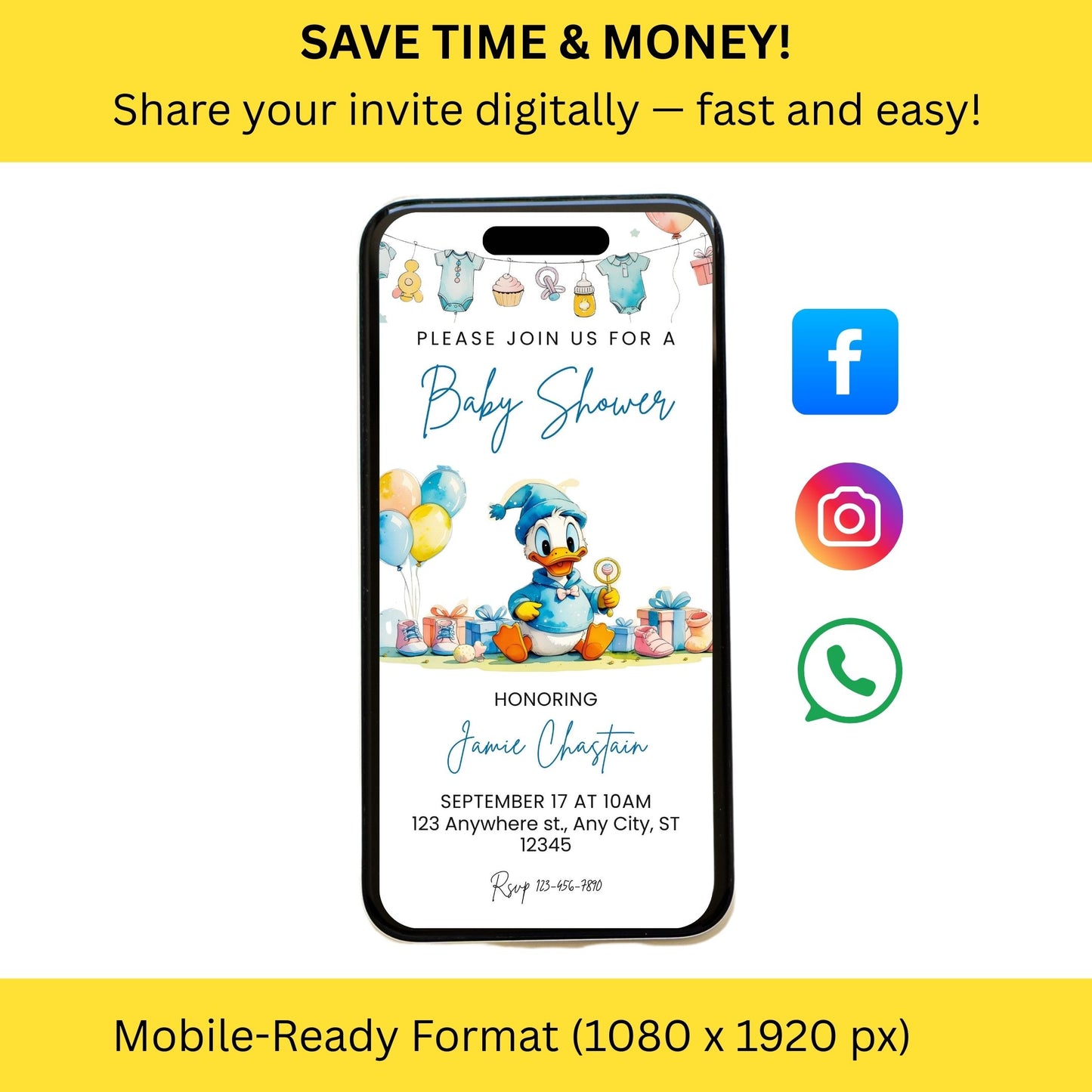 Donald Duck baby shower invitation displayed on smartphone with balloons gifts and baby clothes