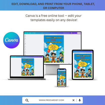 Dragon Ball Z birthday invitation editable Canva template shown on phone tablet laptop and desktop with characters