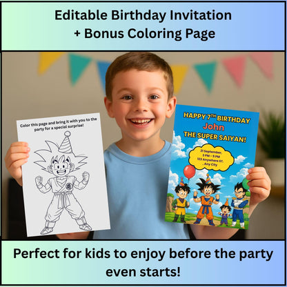 Child holding a Dragon Ball Z birthday invitation and matching coloring page featuring Goku and friends