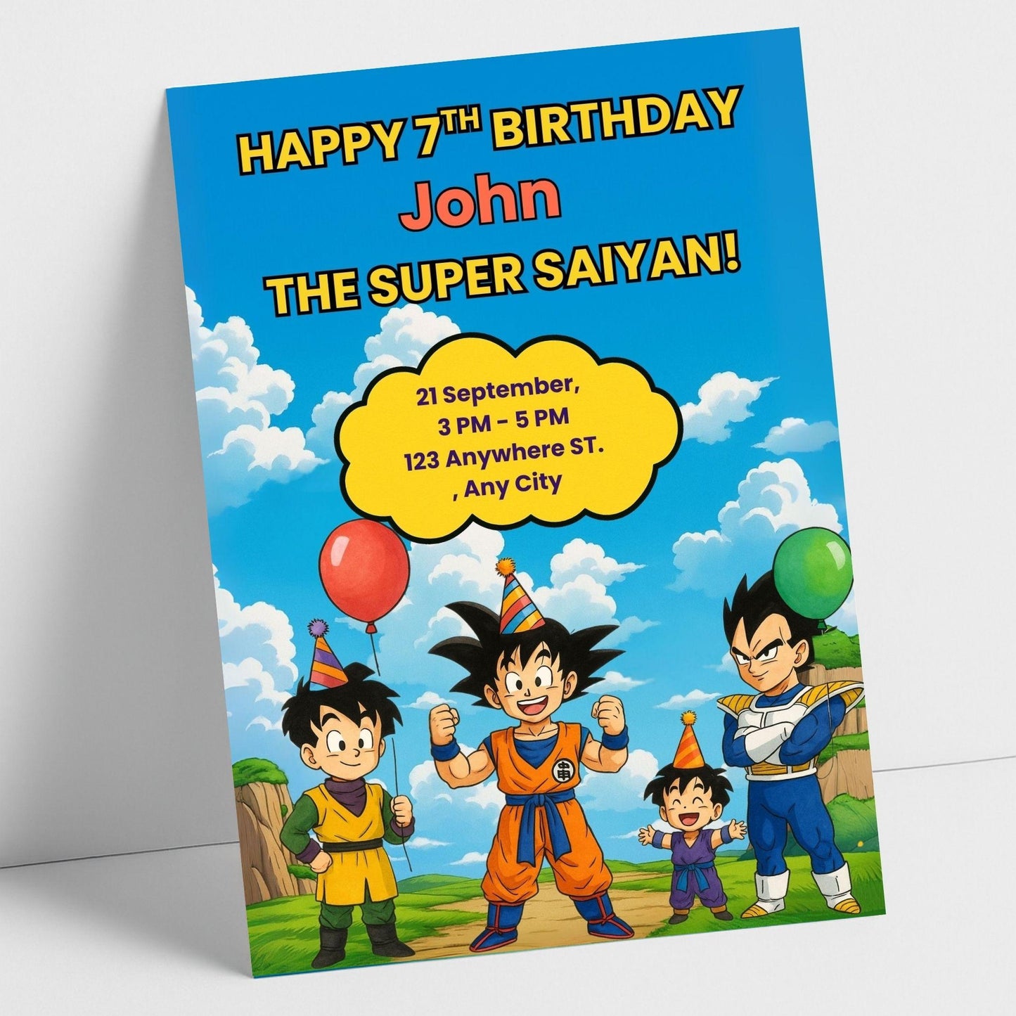Dragon Ball Z birthday invitation featuring colorful cartoon heroes wearing party hats and balloons for kids