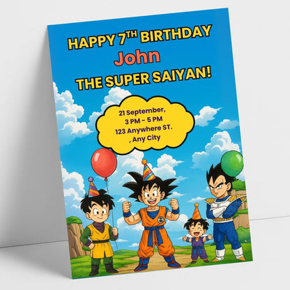 Dragon Ball Z birthday invitation featuring colorful cartoon heroes wearing party hats and balloons for kids