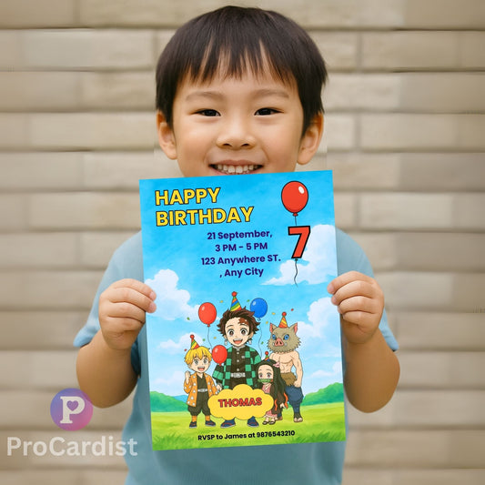 Smiling child holding editable anime birthday invitation template showing anime characters balloons number 7 and party details
