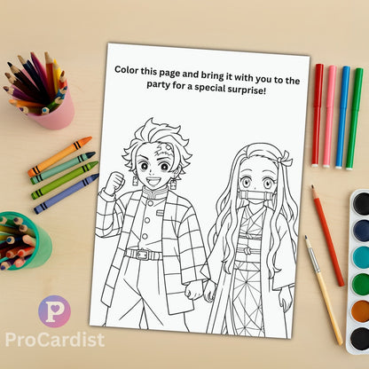 editable anime birthday invitation template coloring page showing two anime characters holding hands with crayons and paint set